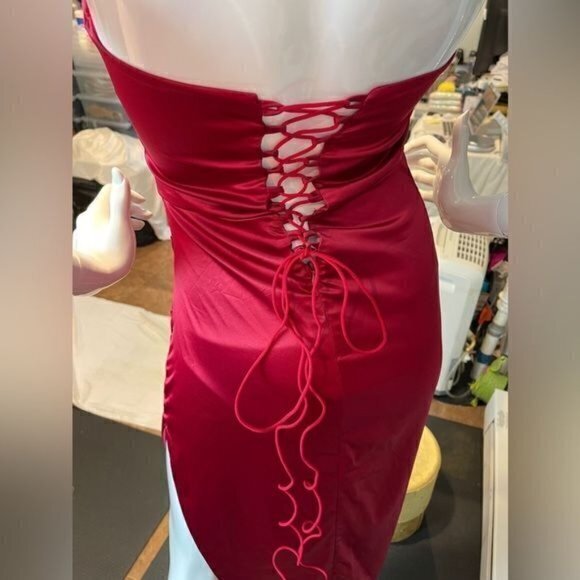 Strapless Asymmetrical Corset Satin Evening Dress One shoulder Red M RfI036-2 - Picture 8 of 11
